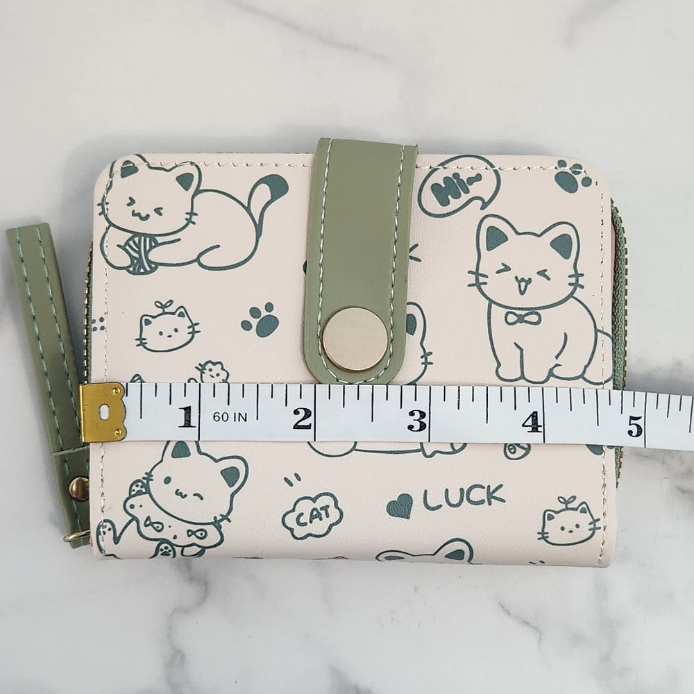 Whimsical Cat Print Mini Wallet Green & White PU Leather • Wristlet Card Hol - Picture 15 of 15